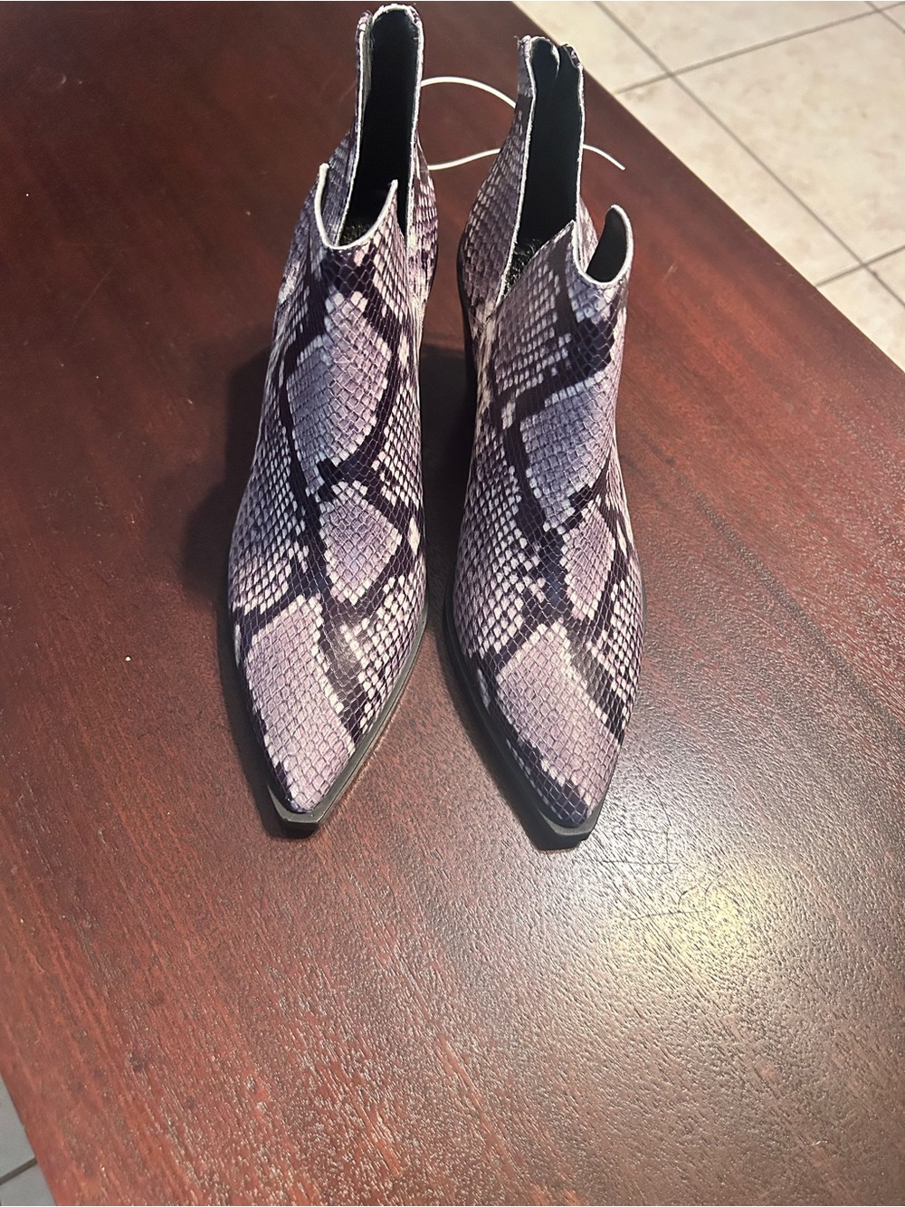 Vince Camuto Lavender Snake-Print Pointed Ankle Booties